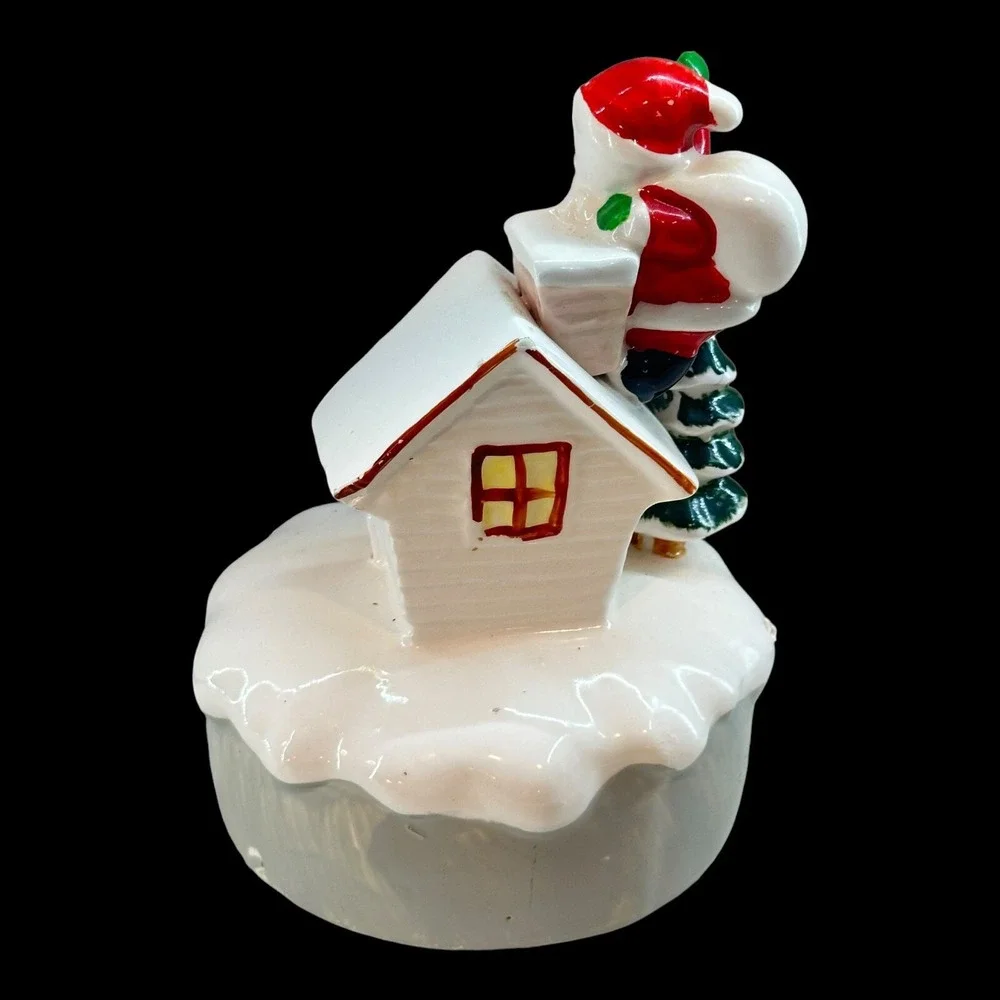 1970s Ceramic Music Box Santa Claus Is Coming to Town Rooftop XmasTaiwan Vintage